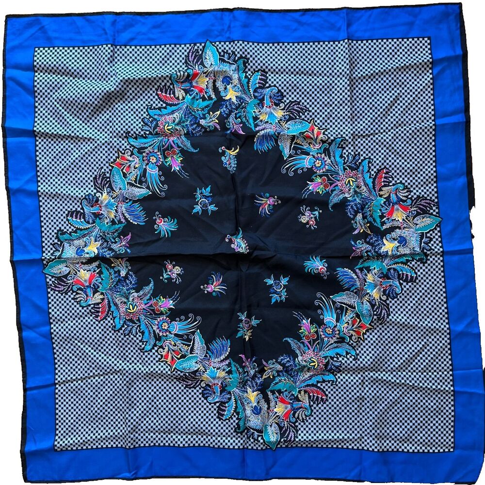 Vtg silk scarf black bright floral nature motif checked background 30 ins square
